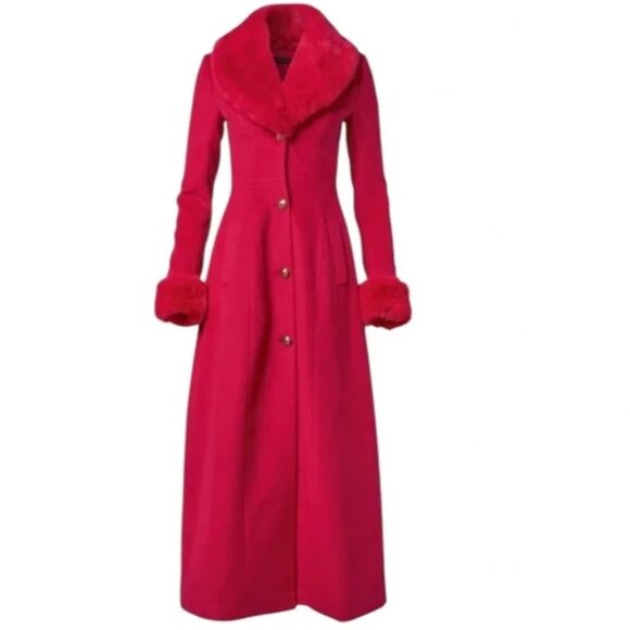 NEW VENUS RED MAXI LONG COAT FAUX FUR COLLAR CUFFS XMAS HOLIDAY GLAM - Picture 4 of 10